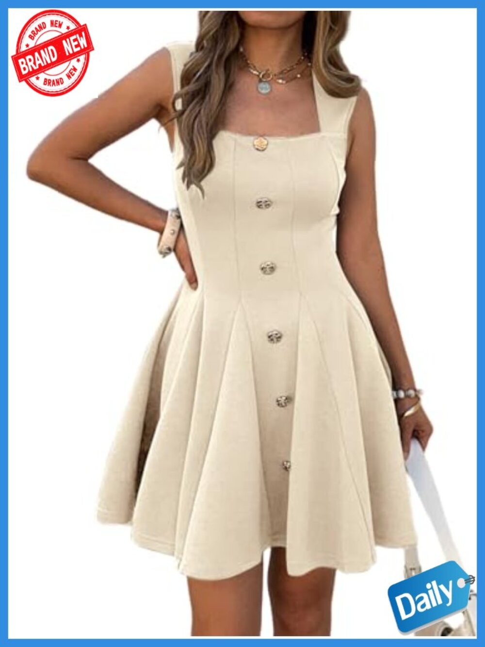 Women's Square Neck Sleeveless Mini Dress with Pockets Flowy A-Line Casual Work